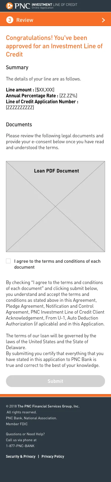 Mobile PNC lending review and approval screen