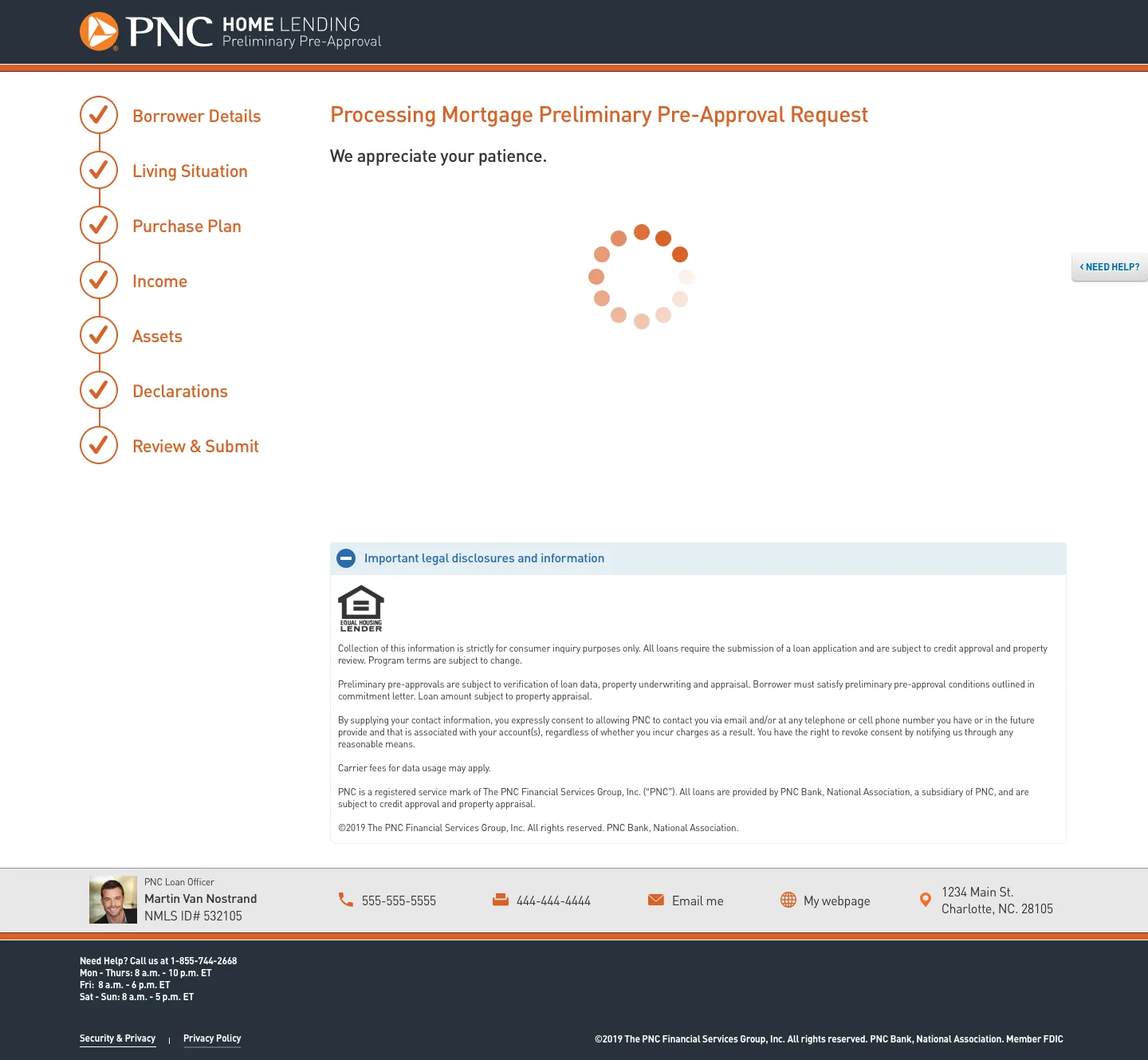 Production PNC Home Lending processing screen after application submission
