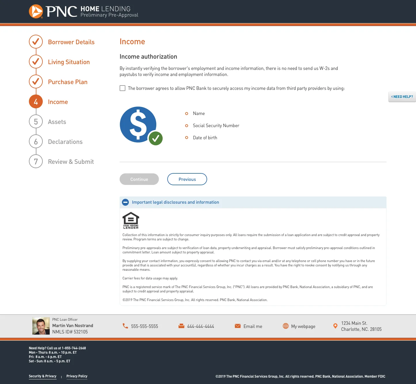 Desktop PNC lending income authorization screen with application progress